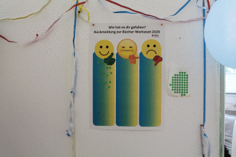 großes Blatt mit drei Spalten auf denen zur Abstimmung über das Bücherfest aufgerufen wird, durch symbole von fröhlichem Smiley bis traurigem Smiley können Punkte als Abstimmungswerktzeug gekelbt werden